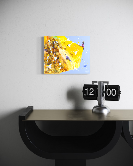 A Different Bird by Adam Bogusz hanging unframed on a white textured wall above a dark console table with a flip clock, showing the scale of the painting in a room.