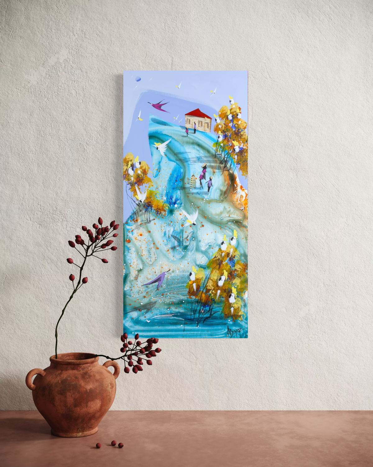 Each in Their Own Time by Adam Bogusz hanging unframed on a pale textured wall above a terracotta floor with a clay pot and rosehip branch, showing the scale of the painting in a room.
