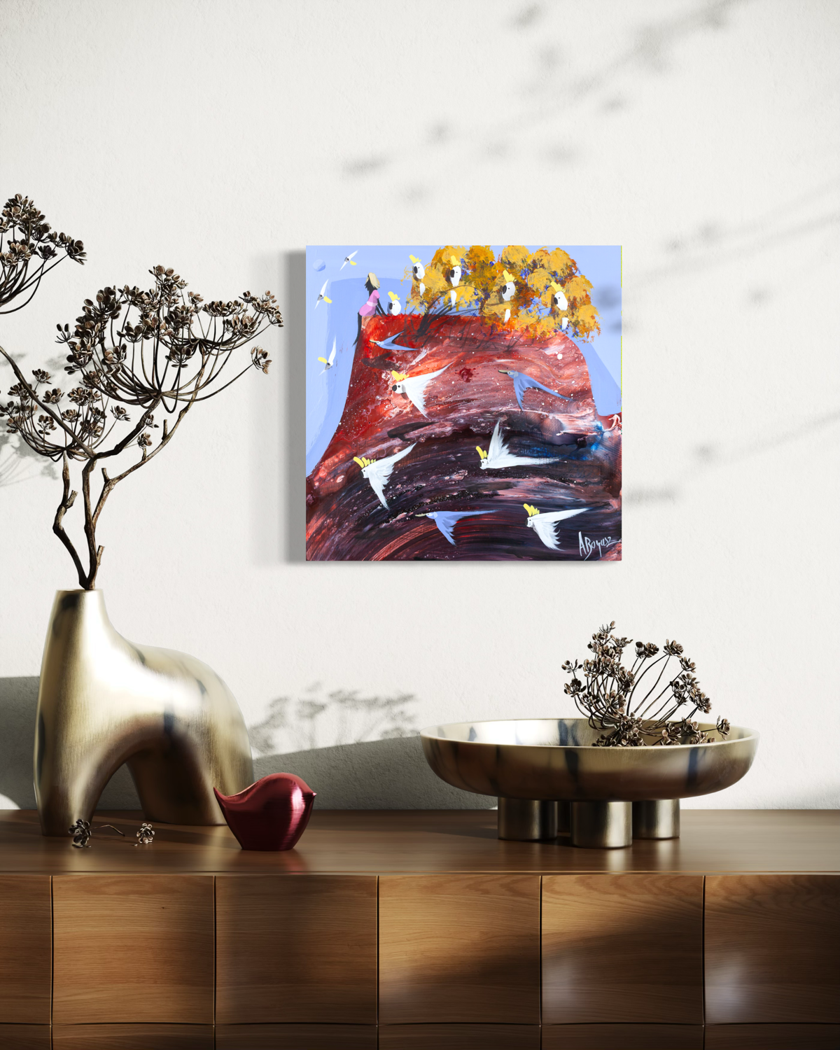 Above the Rush by Adam Bogusz hanging unframed on a pale wall above a timber sideboard with brass vessels and dried seed heads, showing the scale of the painting in a room.