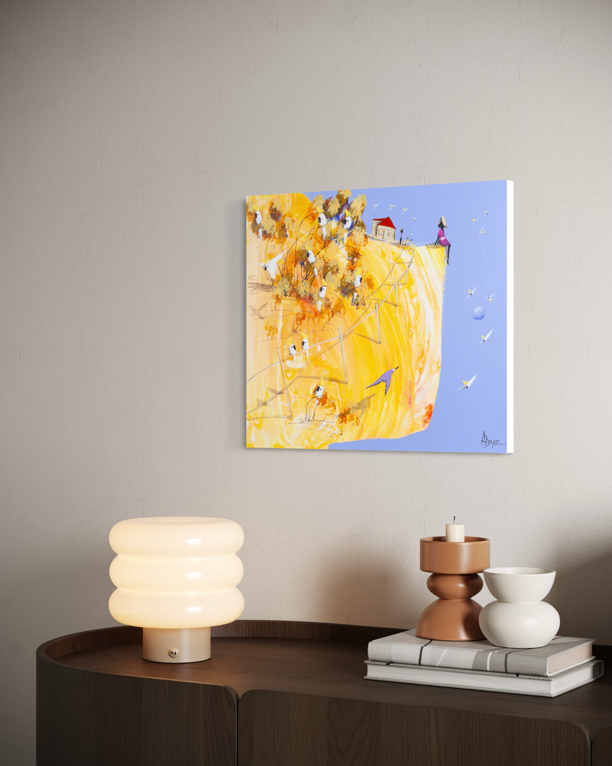 Within Sight of Home by Adam Bogusz hanging unframed on a pale wall above a dark timber sideboard, seen at a slight angle so the depth of the painted board is visible.