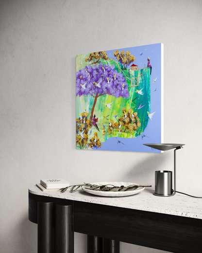 Side view of Just a Story by Adam Bogusz, 50 x 50 cm MDF board, showing the painted edge as it hangs on a pale wall above a black and travertine console with a stone bowl, an olive branch and a metal lamp.