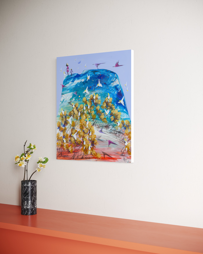 Taking Turns by Adam Bogusz hanging on a white wall above a burnt orange shelf with a black marble vase of white blossom, shown at an angle to reveal the depth of the board.
