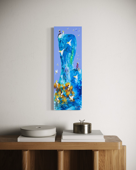 The Same Blue by Adam Bogusz hanging unframed on a pale textured wall above a timber console with books and lidded vessels, showing the scale of the painting in a room.