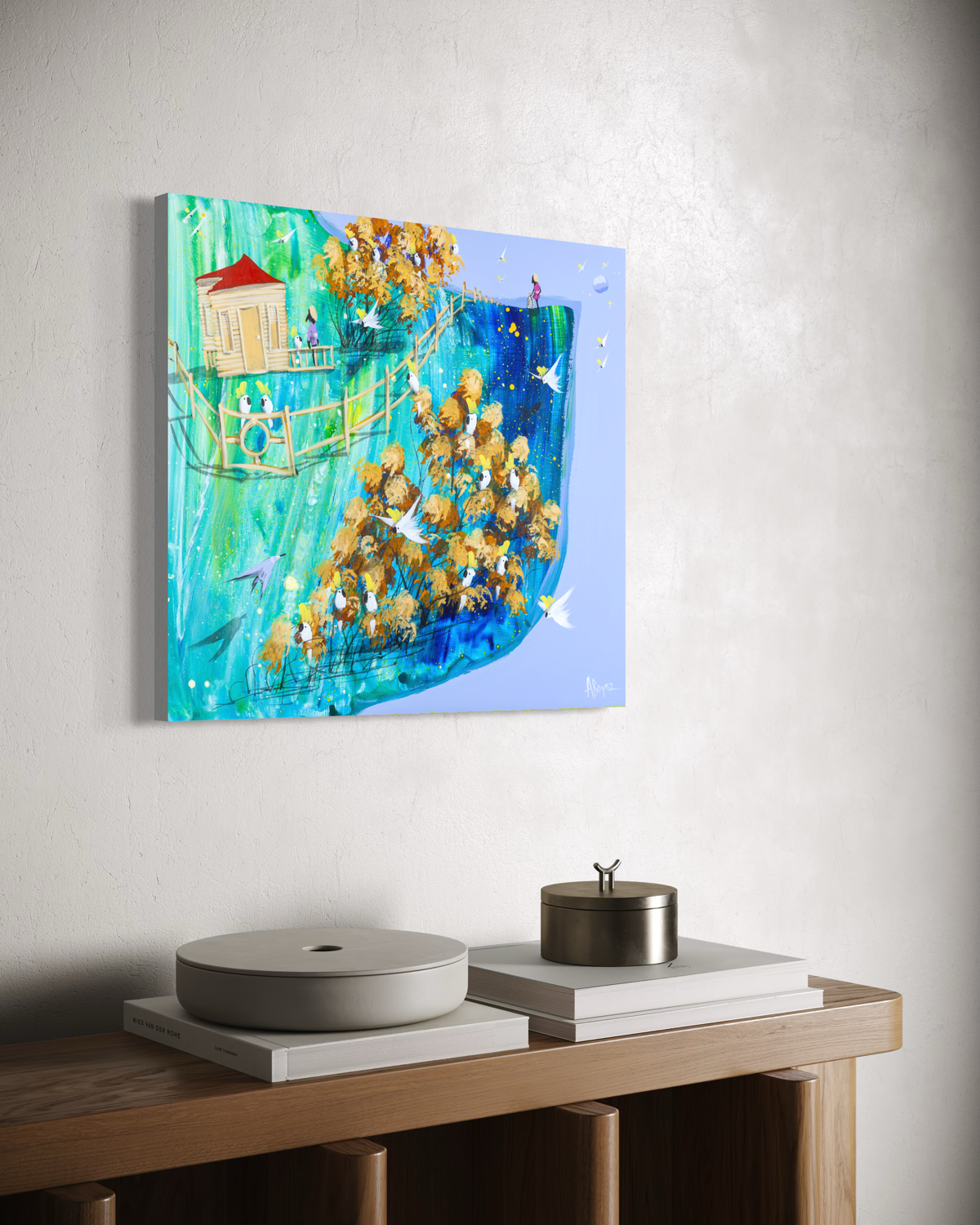 Side view of The Open Cage by Adam Bogusz, 50 x 45 cm MDF board, showing the painted edge as it hangs on a white wall above an oak sideboard with books, a ceramic dish and a metal canister.