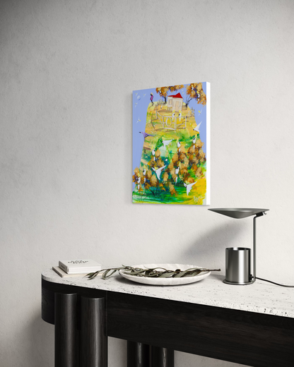 When She's Ready by Adam Bogusz hanging unframed on a pale wall above a black and travertine console, seen at a slight angle so the depth of the painted board is visible.