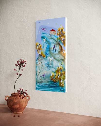 Each in Their Own Time by Adam Bogusz hanging unframed on a pale textured wall, seen at a slight angle so the depth of the painted board is visible, with a terracotta pot and rosehip branch beside it.