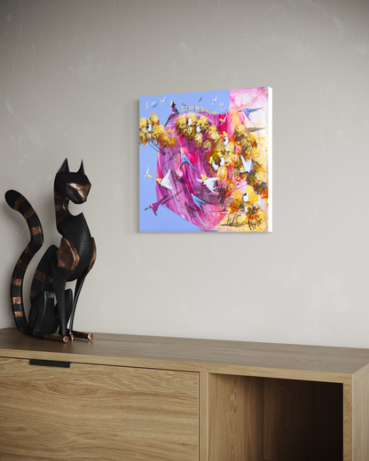 Open Hands by Adam Bogusz hanging unframed on a pale wall above a light oak sideboard beside a tall black cat sculpture, seen at a slight angle so the depth of the painted board is visible.