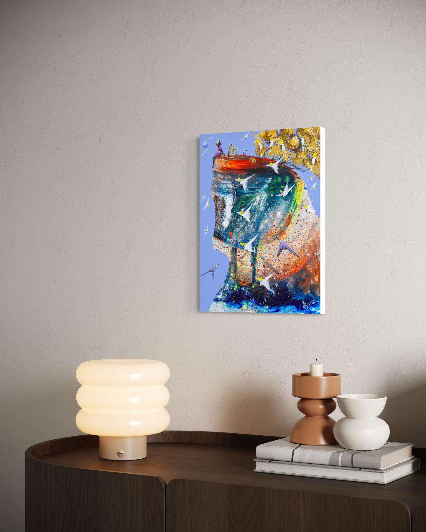 Nothing to Hold by Adam Bogusz shown at an angle on a pale wall above a timber sideboard with a glass lamp and ceramics, to indicate scale.