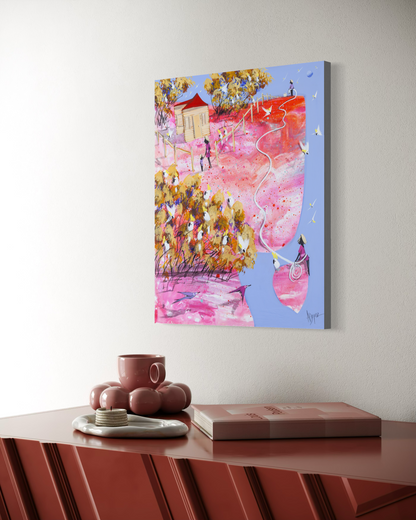 Still Holding On by Adam Bogusz shown at an angle on a wall above a red sideboard, showing the painting's depth and scale in a styled interior.