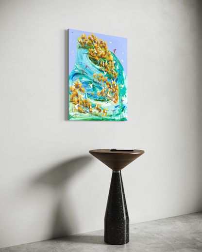 Freewheeling by Adam Bogusz hanging unframed on a pale wall above a walnut and terrazzo side table, seen at a slight angle so the depth of the painted board is visible.