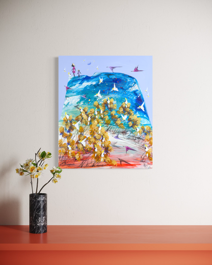 Taking Turns by Adam Bogusz hanging on a white wall in a room with a burnt orange shelf and a black marble vase of white blossom below.