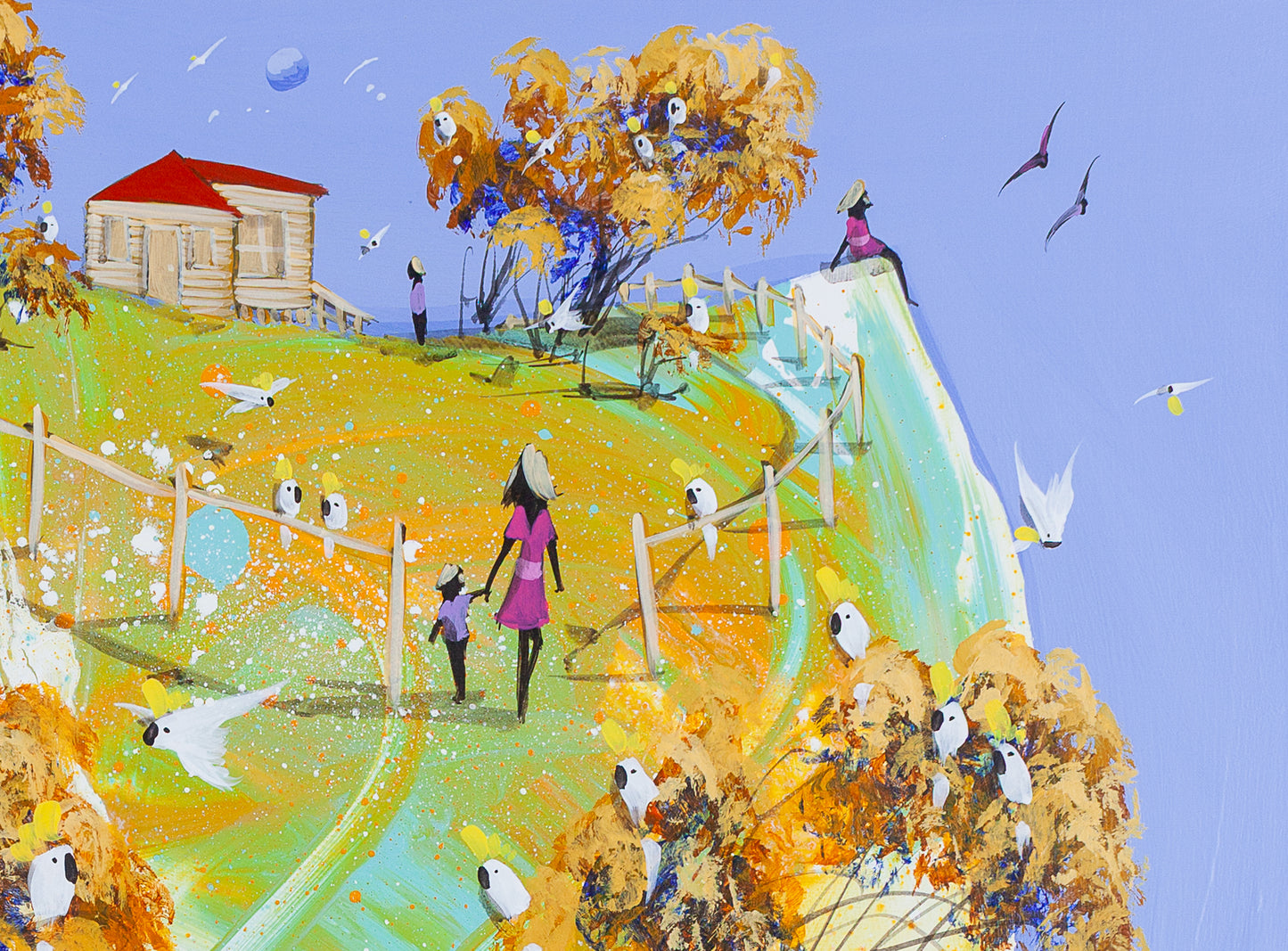 Detail of The Long Walk Home showing the woman leading the child by the hand up the path toward the cottage, with a figure seated at the cliff edge and cockatoos perched along the fence line.