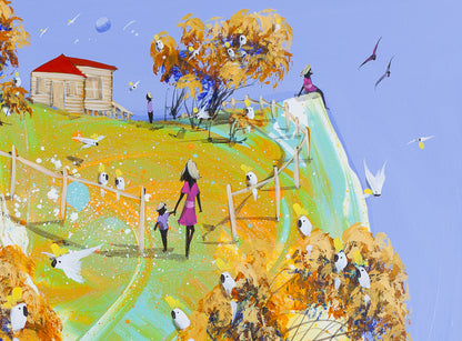 Detail of The Long Walk Home showing the woman leading the child by the hand up the path toward the cottage, with a figure seated at the cliff edge and cockatoos perched along the fence line.
