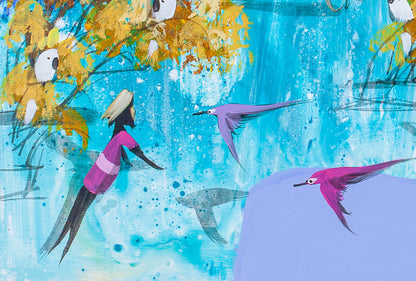 Detail of Already Here showing a woman in pink at the hillside edge with violet and magenta swallows in flight and cockatoos perched in golden foliage above.