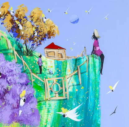 Detail of Just a Story showing the girl in pink sitting at the edge of the hill beside the fence, with the red roofed cottage, a figure in pale purple, the ornate timber gate and a small moon in the blue sky.