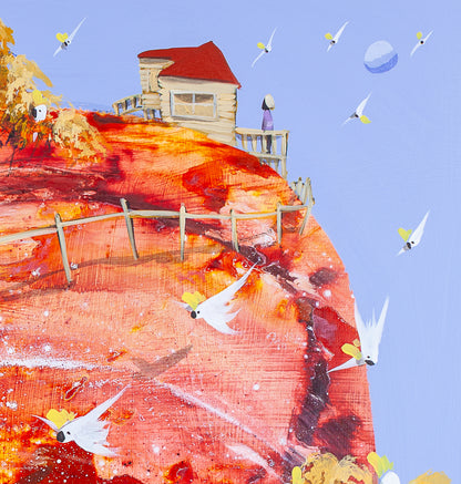 Detail of The Wiggly World showing the red roofed cottage on top of the swirling red hill, a small figure on the verandah, the timber fence along the ridge and cockatoos flying past a small moon.