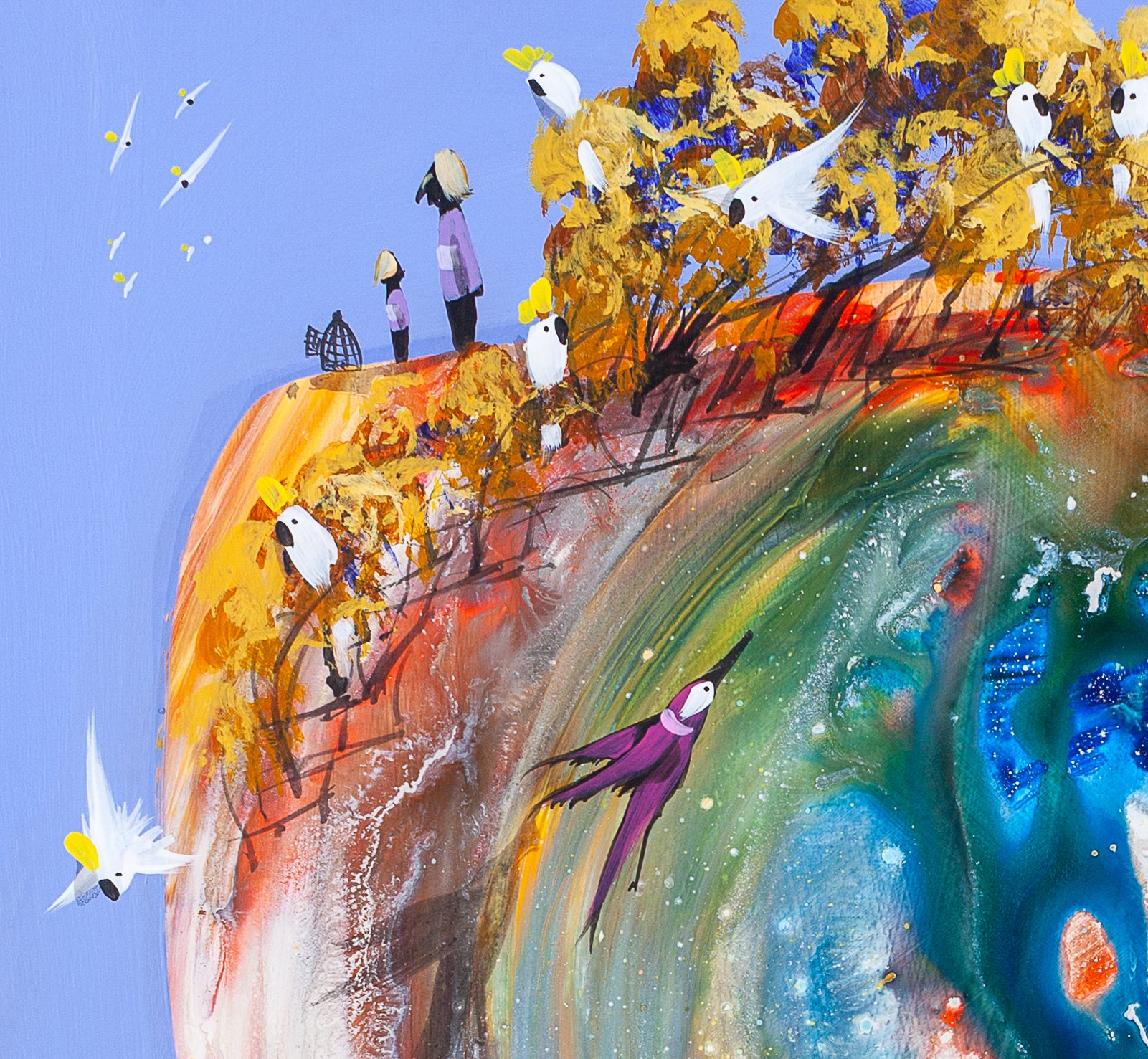 Detail of Just for a Moment showing two figures with a birdcage at the hill's edge, cockatoos perched in golden trees and a purple swallow in flight against a blue sky.