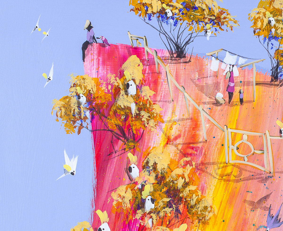 Detail of No Hands by Adam Bogusz, showing a figure sitting on the edge of a pink cliff beside a small magenta bird, with a woman hanging white washing on the line and cockatoos in golden trees below.