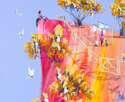 Detail of No Hands by Adam Bogusz, showing a figure sitting on the edge of a pink cliff beside a small magenta bird, with a woman hanging white washing on the line and cockatoos in golden trees below.