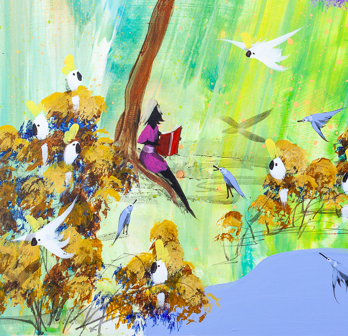 Detail of Just a Story showing the girl in pink reading a red book at the foot of the jacaranda, with small pale blue birds around her and cockatoos in the golden trees on either side.