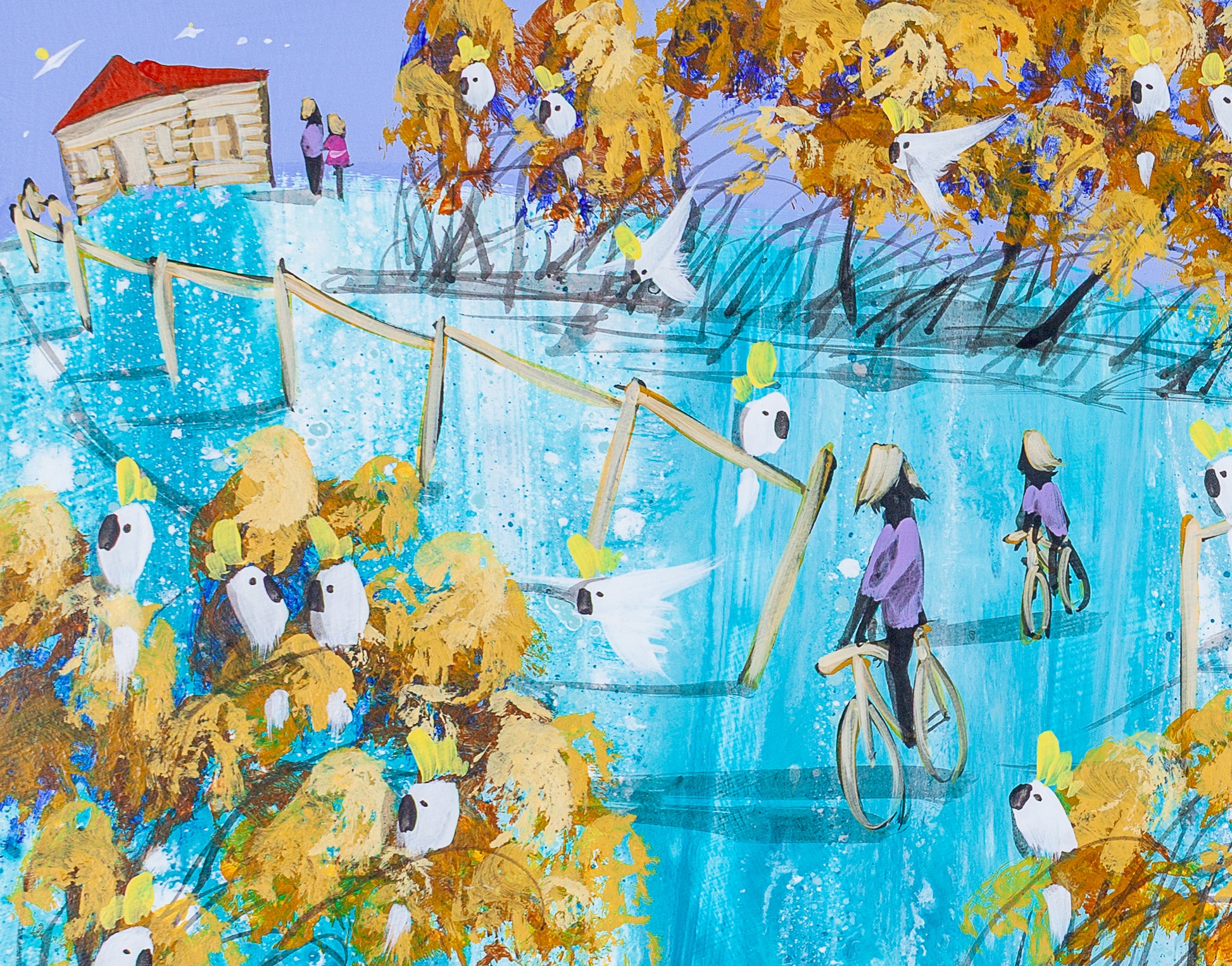 Detail of Already Here showing two cyclists riding the turquoise slope past the fence line, with cockatoos in the golden trees and the red roofed cottage on the ridge behind.