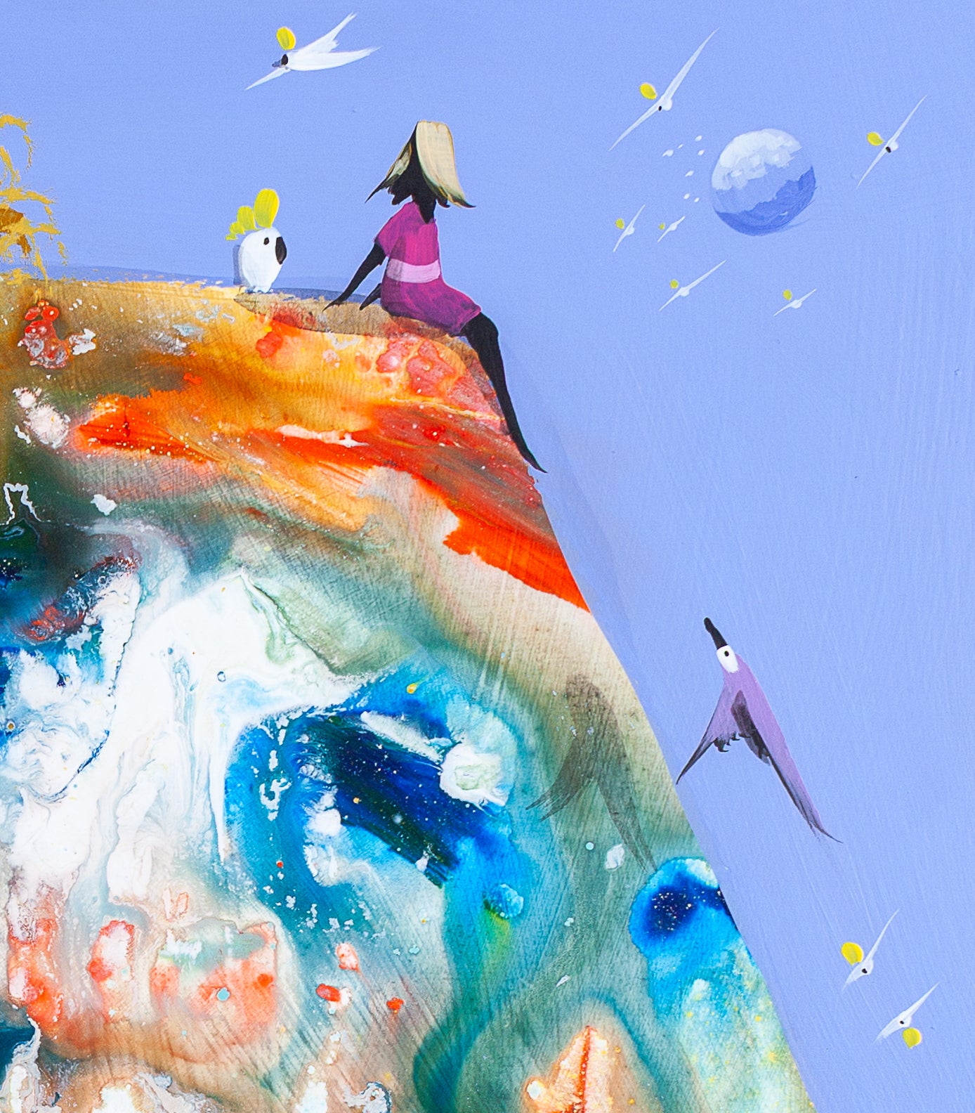 Detail of Just for a Moment showing the woman in pink seated alone at the edge of the hill with a cockatoo beside her, a pale moon and swallows in the blue sky.