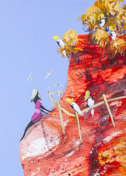 Detail of The Wiggly World showing the girl in pink sitting at the edge of the red hill beside the fence, with two cockatoos perched on the rail and more in the golden trees above.