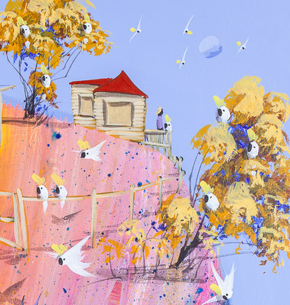 Detail of No Hands by Adam Bogusz, showing a red roofed weatherboard house on a pink hilltop, a figure on the verandah beside a cockatoo, and cockatoos perched along a timber fence under a pale moon.