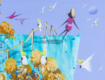 Detail of Already Here showing a woman in pink walking the fence line at the top of the hill with a pale moon, swallows and cockatoos in the blue sky.