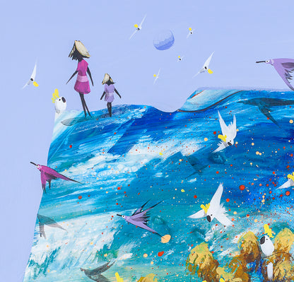 Detail of Taking Turns by Adam Bogusz, showing a woman in pink and a girl in purple standing at the edge of a blue hill with a cockatoo beside them, a pale moon overhead and pink and purple birds crossing the sky.