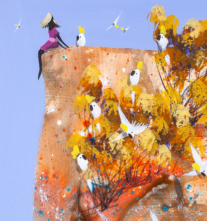 Detail of A Good Place to Land showing the woman in pink seated at the edge of the rock with a cockatoo beside her and more birds gathered in the golden foliage below.