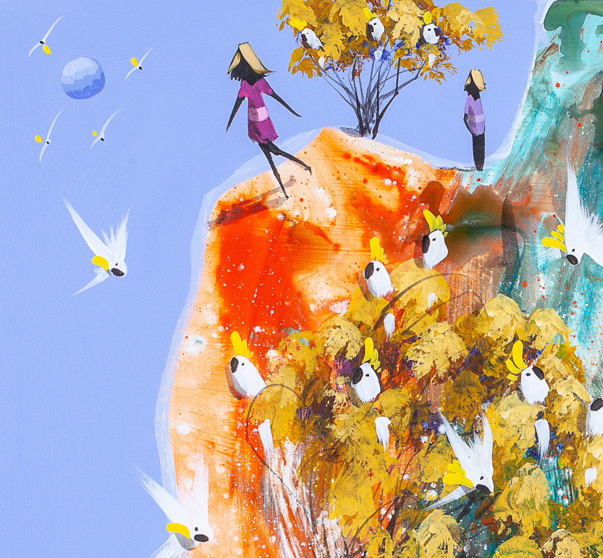 Detail of On My Way showing the woman in pink mid stride across the orange rock, the figure in purple standing quietly beyond the small tree, and cockatoos settled in the golden branches below.