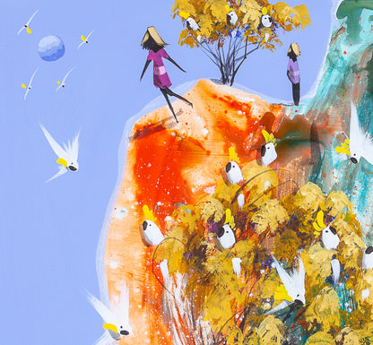 Detail of On My Way showing the woman in pink mid stride across the orange rock, the figure in purple standing quietly beyond the small tree, and cockatoos settled in the golden branches below.