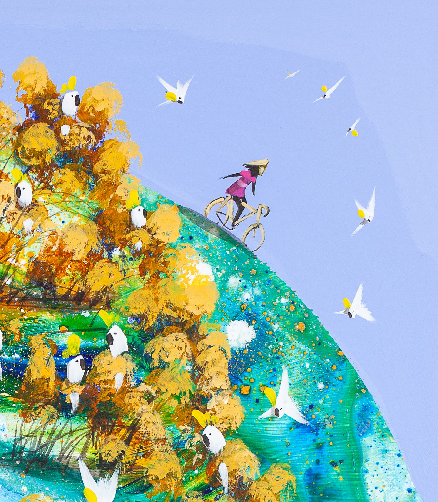 Detail of Freewheeling showing the woman in pink riding along the top of the green hill with her hands off the handlebars, cockatoos in golden trees below her and white birds crossing the pale blue sky.