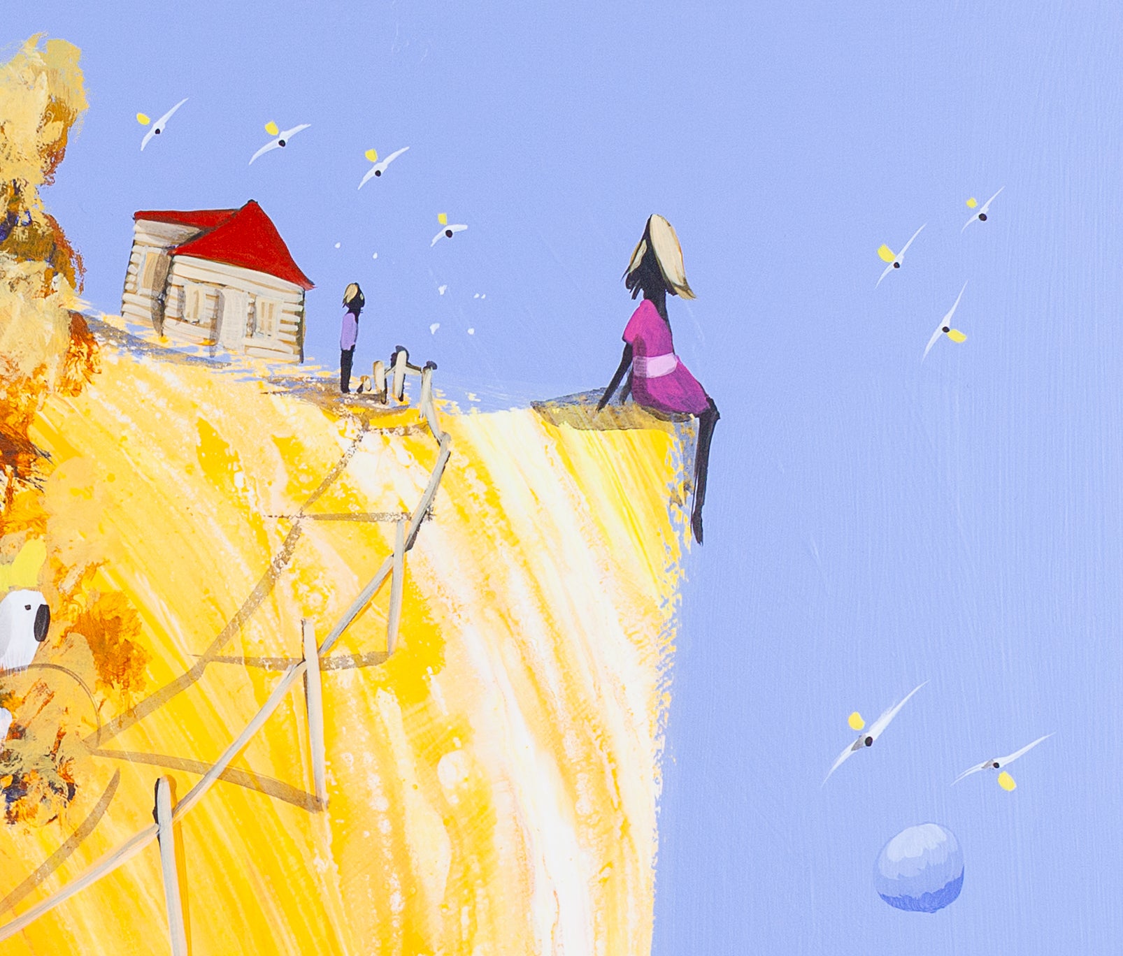 Detail of Within Sight of Home showing the woman in pink sitting at the edge of the golden hill, the red roofed house and small figure behind her, and the fence running down the slope.