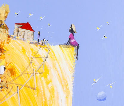 Detail of Within Sight of Home showing the woman in pink sitting at the edge of the golden hill, the red roofed house and small figure behind her, and the fence running down the slope.