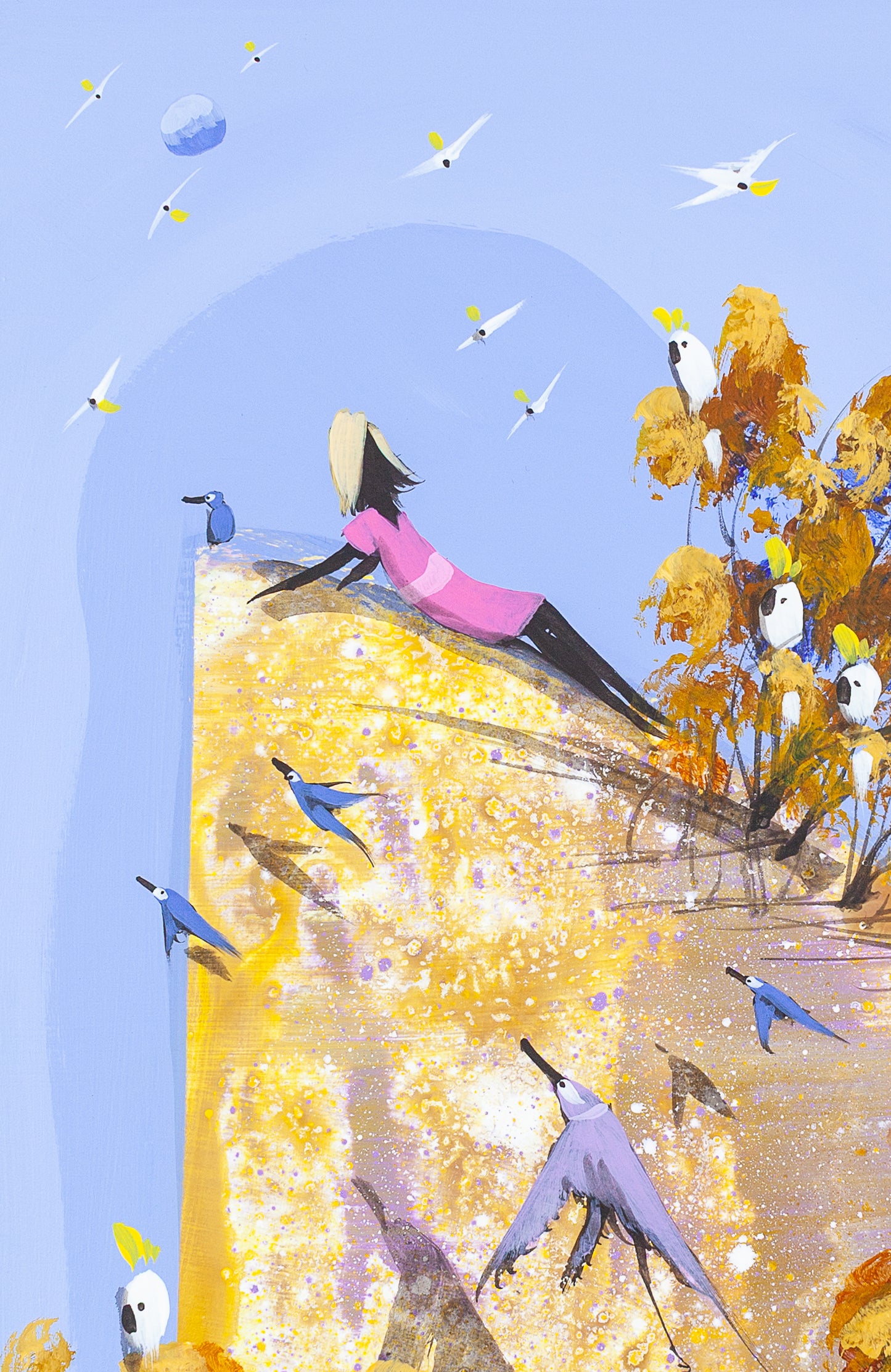 Detail of Nowhere to Be showing the reclining figure in pink resting on the golden rock, a small blue bird beside her, cockatoos in the branches to the right and white birds crossing the pale blue sky.