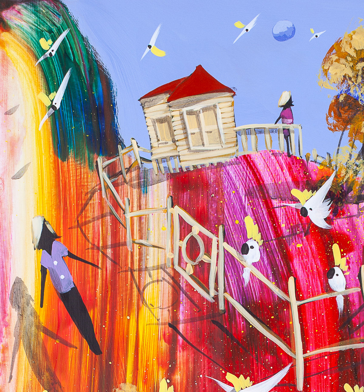 Detail of Still in Sight showing the red roofed house on the high ground with a figure at the verandah rail, the fence running down the slope, and a figure in purple suspended in the air outside it.