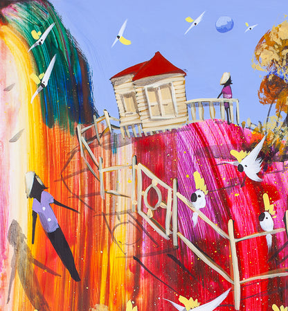 Detail of Still in Sight showing the red roofed house on the high ground with a figure at the verandah rail, the fence running down the slope, and a figure in purple suspended in the air outside it.