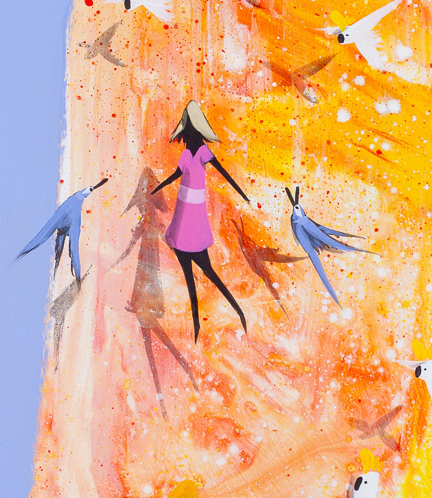 Detail of Lifted showing the woman in pink suspended above the ground with her arms out, two blue birds flanking her and the orange and gold rock face flecked with white and red behind.
