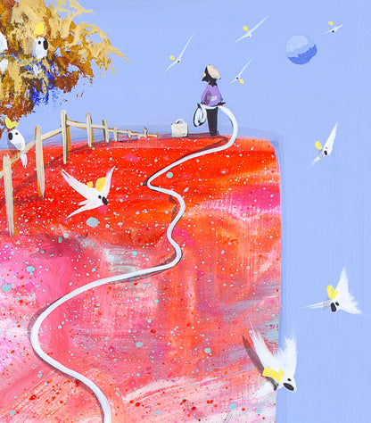 Detail of Still Holding On showing the figure standing at the top of the red cliff, holding the white line, with cockatoos in flight and a pale moon in the blue sky.