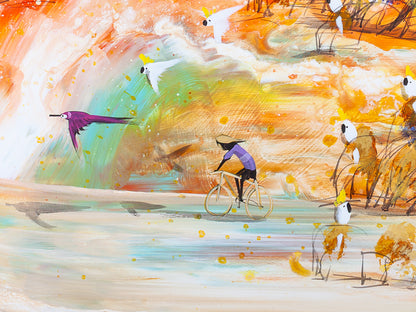 Detail of Always There by Adam Bogusz, showing a boy in purple riding a bicycle across pale sand and water, a magenta bird flying beside him and cockatoos in the ochre scrub to the right.