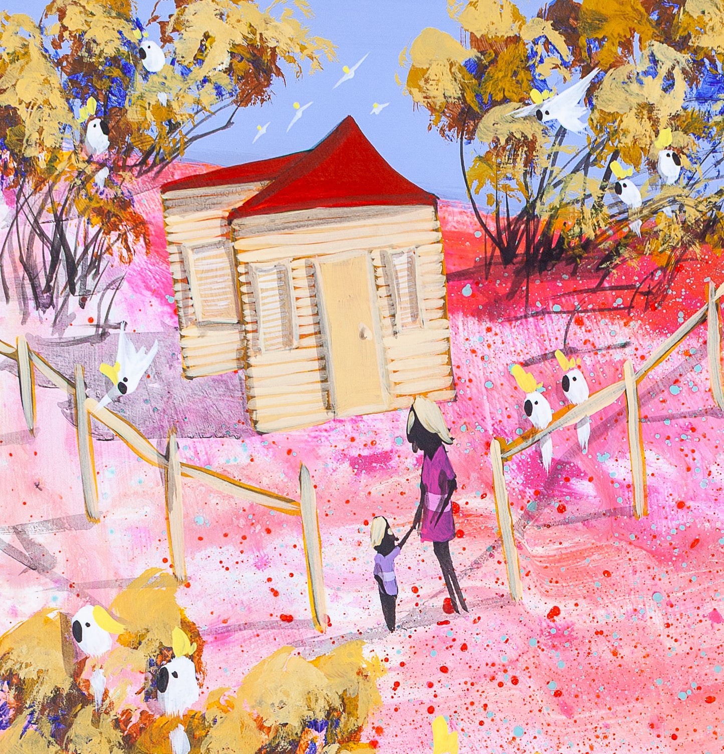 Detail of Still Holding On showing the little red-roofed house on the pink hill, with a mother and child holding hands and cockatoos gathered on the fence and in the golden trees.