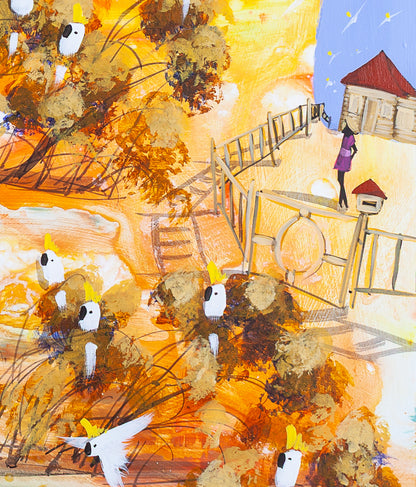 Detail of Always There by Adam Bogusz, showing a figure in purple standing on a timber platform beside a small house with a red roof, with ladders and railings leading up to it and cockatoos in the golden trees below.