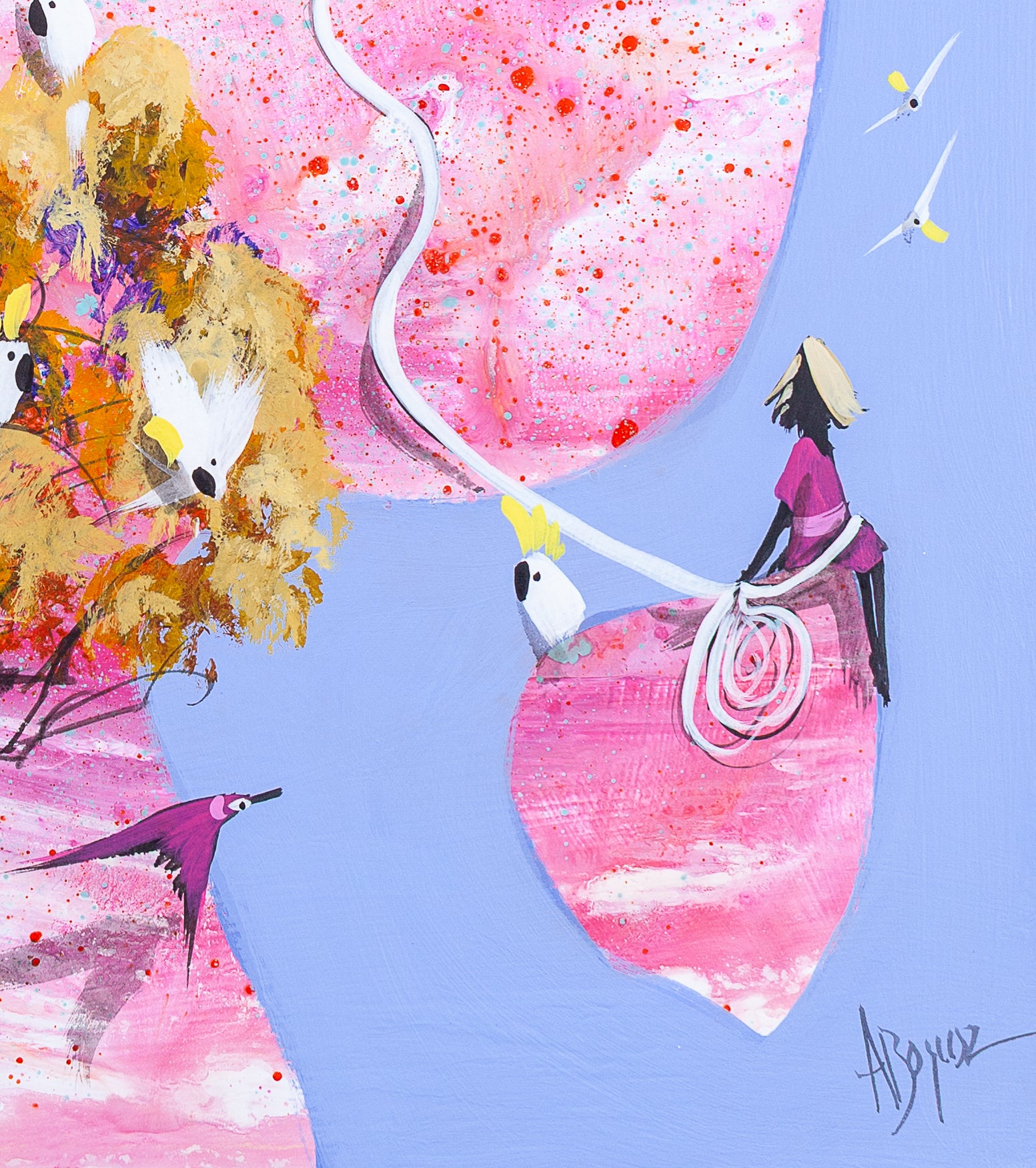 Detail of Still Holding On showing the seated figure at the bottom of the painting with the coil of white line resting in her lap, a cockatoo beside her and swallows in the blue.