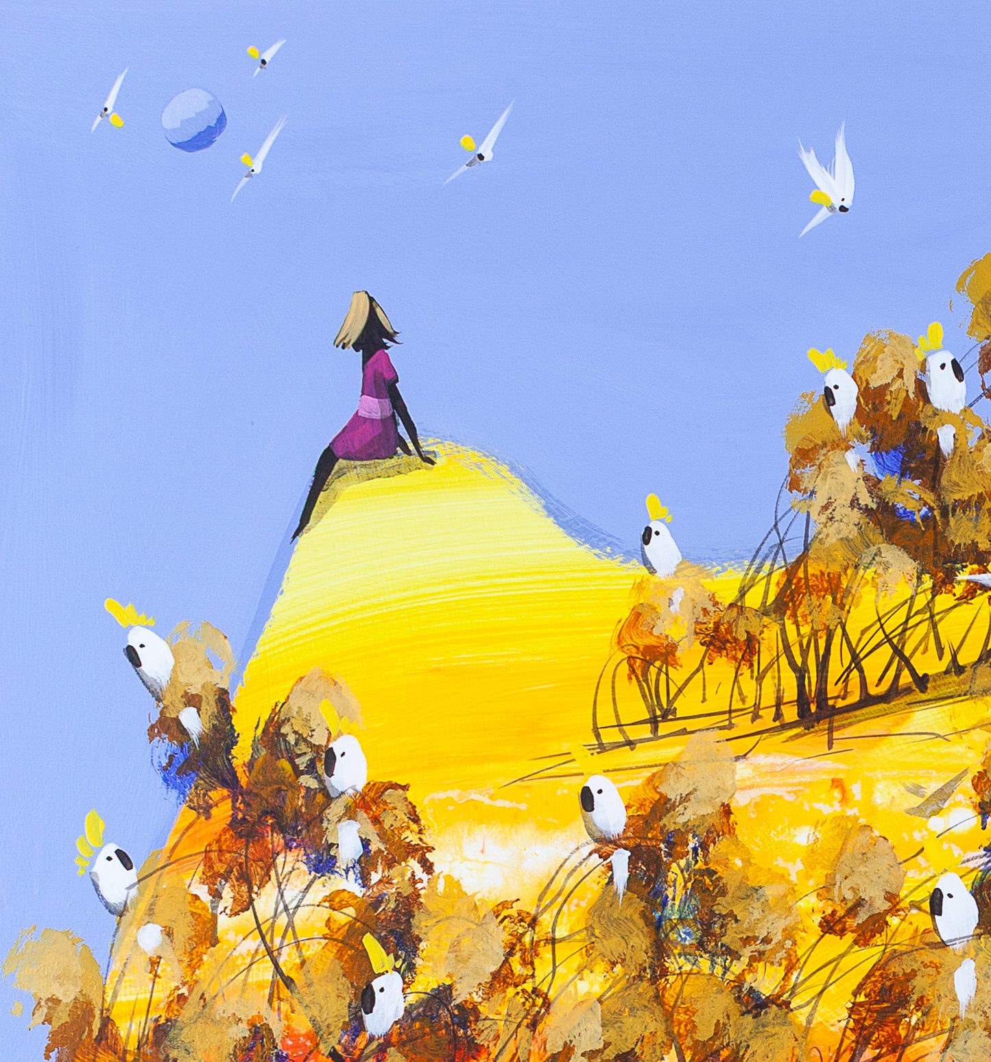 Detail of Always There by Adam Bogusz, showing a woman in pink seated on the tip of a yellow hill against a light blue sky, with a pale moon and small white cockatoos in flight around her.