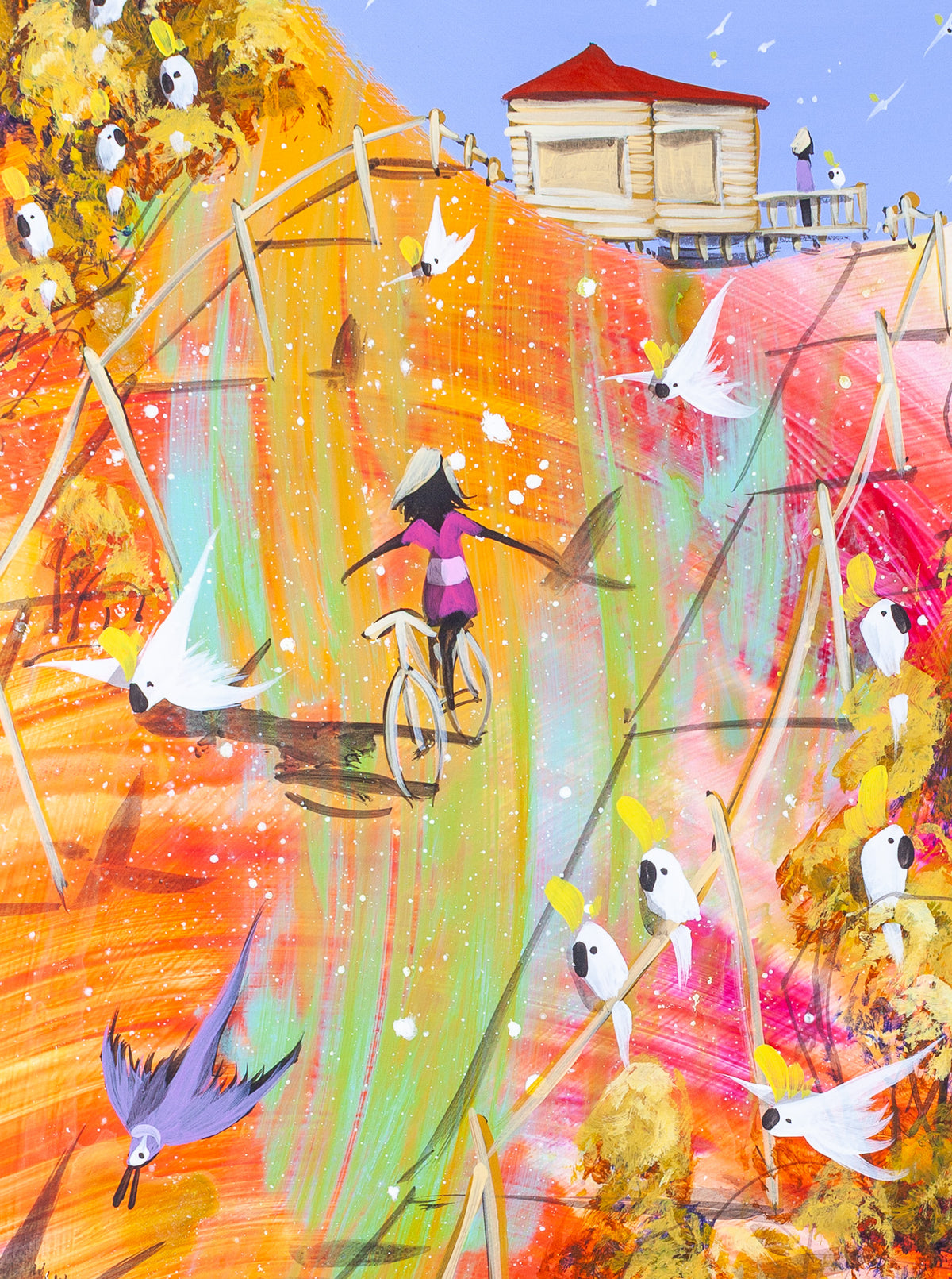 Detail of Lost and Found by Adam Bogusz, showing a girl in magenta riding a bicycle down a streak of orange and green with her arms spread wide, a red roofed cottage behind her and cockatoos flying past.