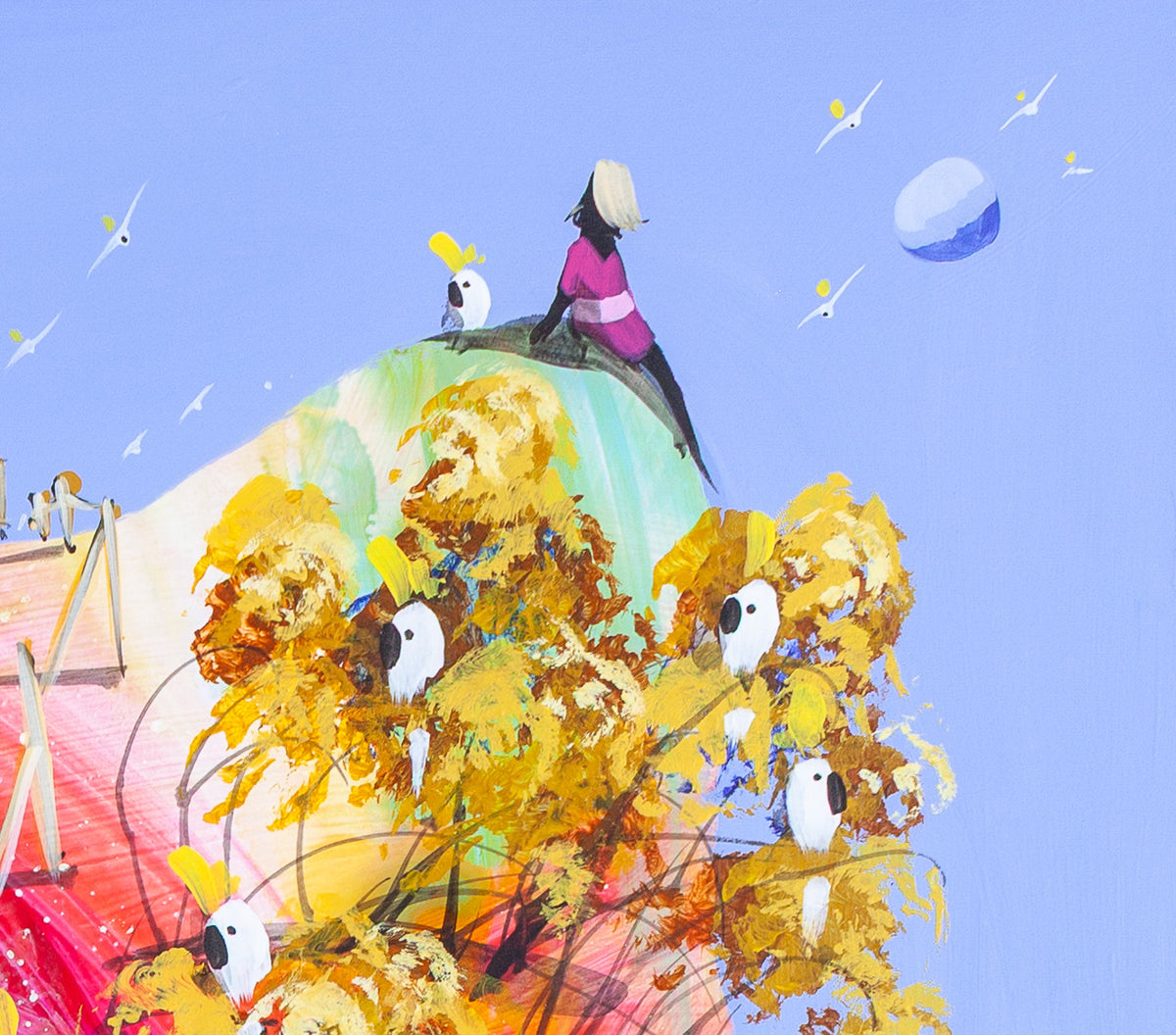 Detail of Lost and Found by Adam Bogusz, showing a girl in magenta sitting on a pale green peak beside a sulphur crested cockatoo, looking out at a small moon, with golden trees and cockatoos below.