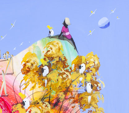 Detail of Lost and Found by Adam Bogusz, showing a girl in magenta sitting on a pale green peak beside a sulphur crested cockatoo, looking out at a small moon, with golden trees and cockatoos below.
