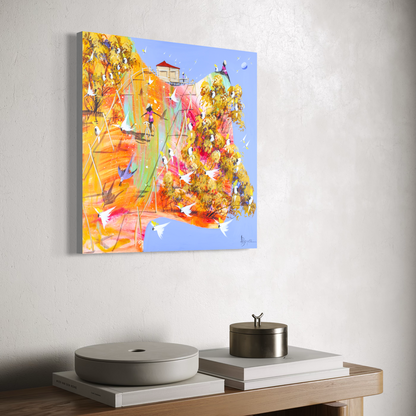 Angled view of Lost and Found by Adam Bogusz on a white wall above a timber sideboard, showing the depth of the board edge.